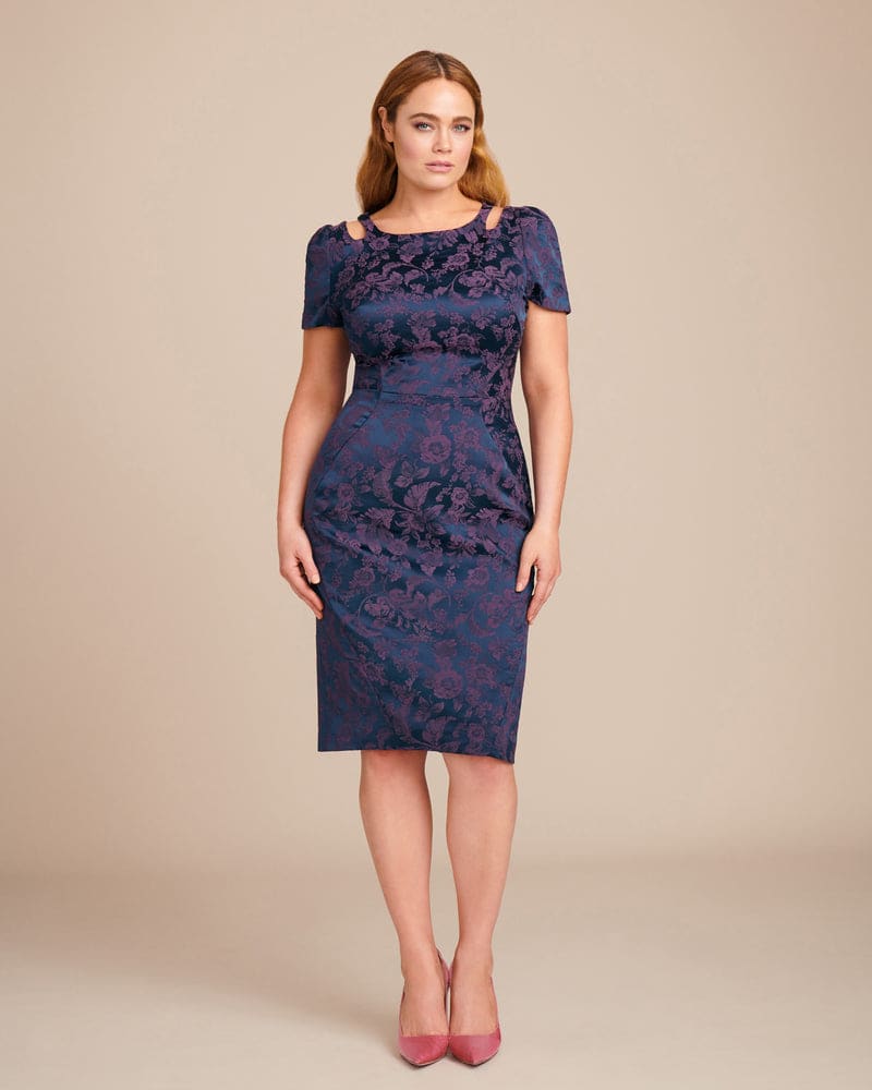 Front of a model wearing a size 10 Stretch Jacquard Sheath Dress in Navy by Zac Posen. | dia_product_style_image_id:228968